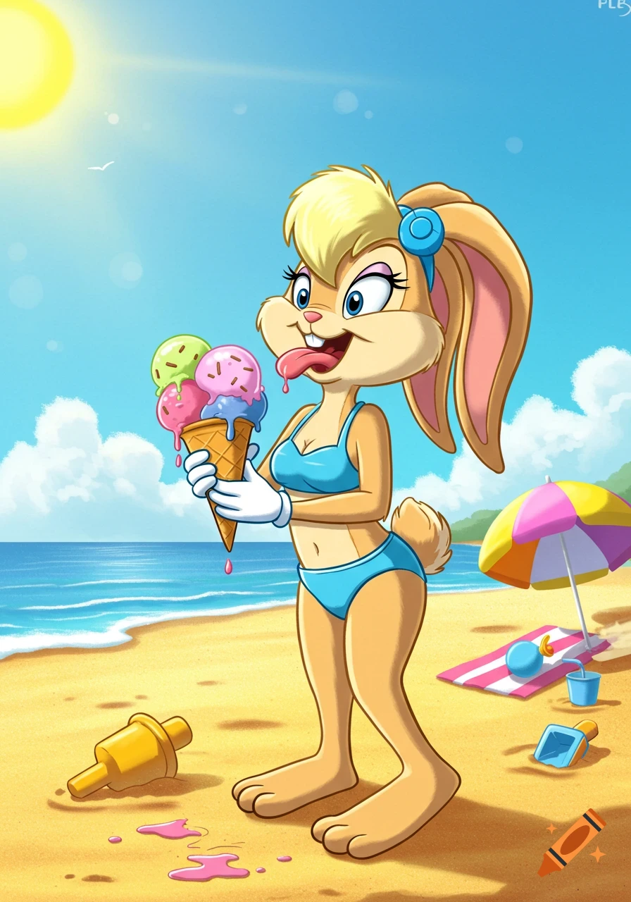 Lola Bunny in a blue swimsuit at a sunny beach, licking a melting triple-scoop ice cream cone in a cartoony style.