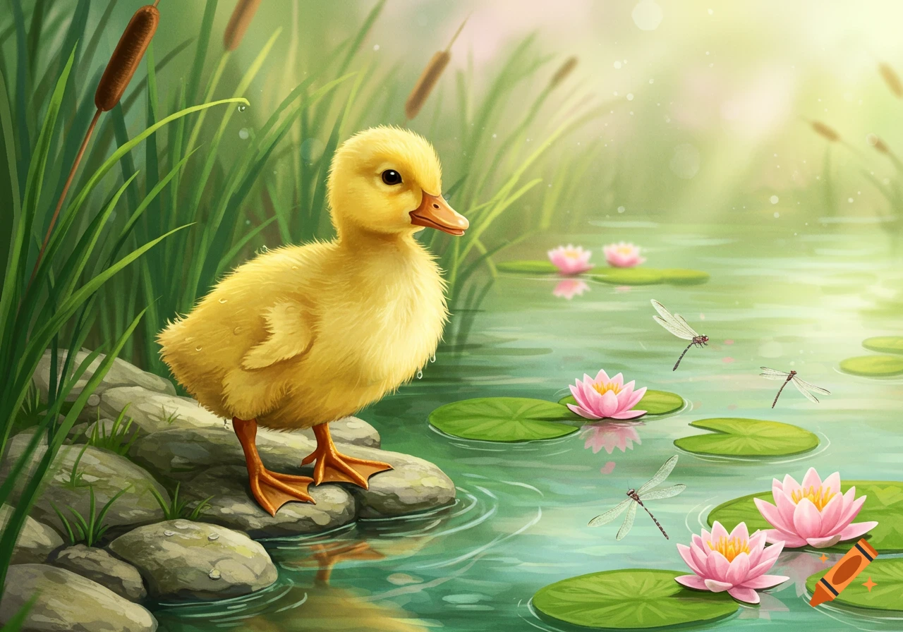 A cute yellow duckling stands on rocks by a pond with pink water lilies and dragonflies in a whimsical illustration.
