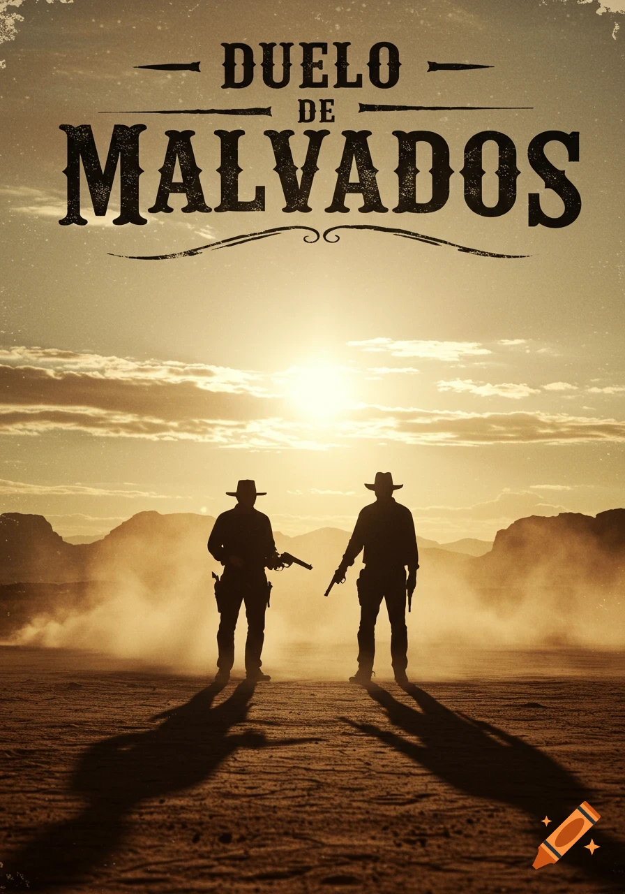 Two silhouetted cowboys prepare for a gun duel in a dusty desert at sunset, with the title 'DUELO DE MALVADOS' above. Movie poster style.