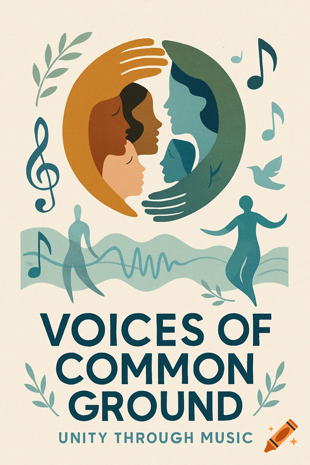 Stylized illustration featuring diverse faces and hands in a circle, surrounded by musical notes and leaves, with text 'Voices of Common Ground, Unity Through Music'.