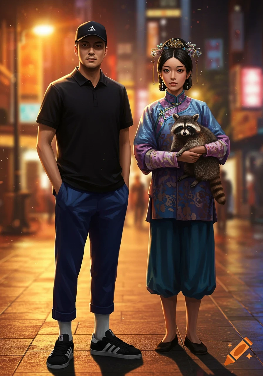 A man in a black polo shirt, cap, and blue pants stands next to a Chinese woman in traditional attire holding a raccoon, on a lit urban street at night.