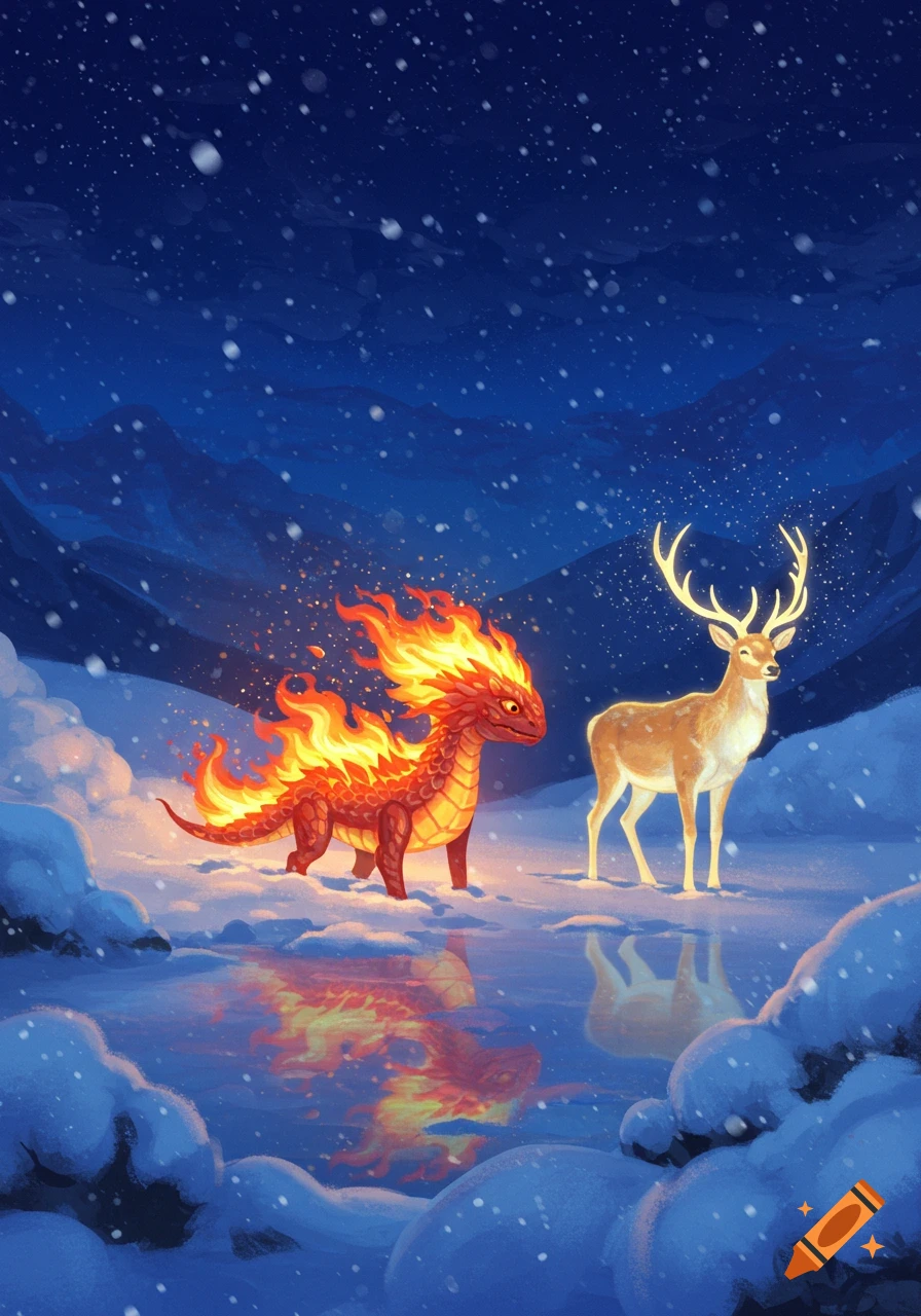 A flaming dragon-like creature and a deer with glowing antlers stand in a snowy mountain landscape at night.