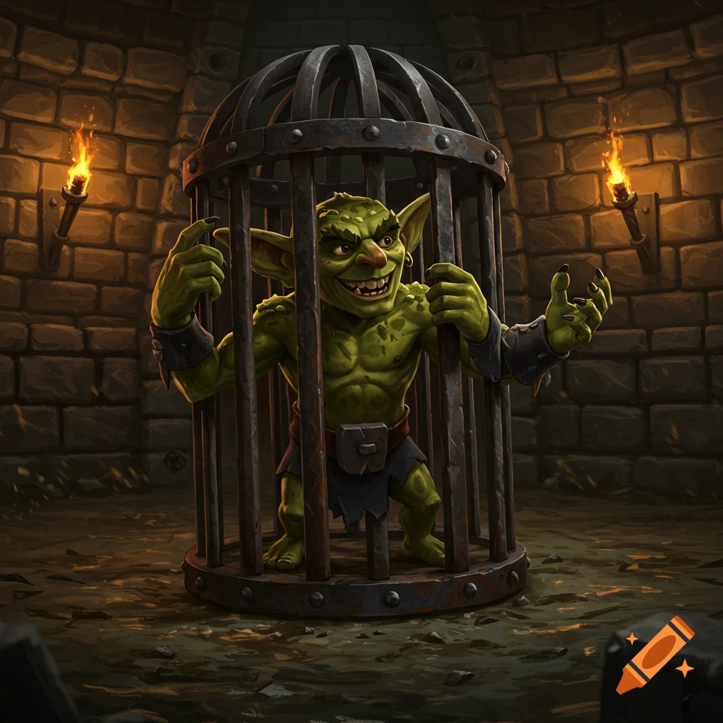 A green goblin with a wide grin is trapped in a dark metal cage in a stone dungeon, lit by torches.