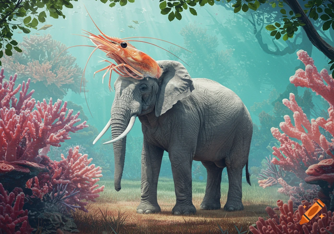 A large elephant stands in a surreal underwater forest, with a giant shrimp perched on its head, surrounded by red coral.
