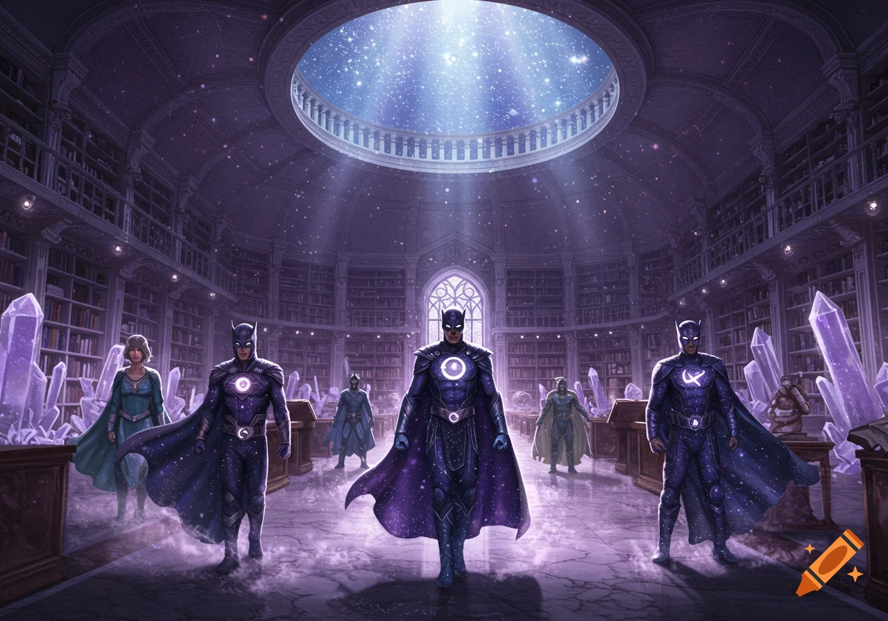 Fantasy superheroes in cosmic-themed library with glowing purple crystals and a starry dome ceiling.