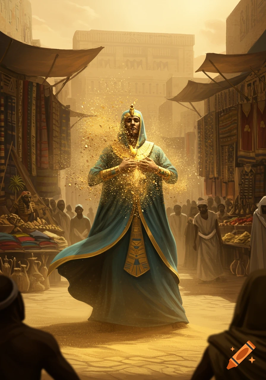 Egyptian-dressed figure with golden particles emanating from their chest stands in a busy market with ancient buildings.