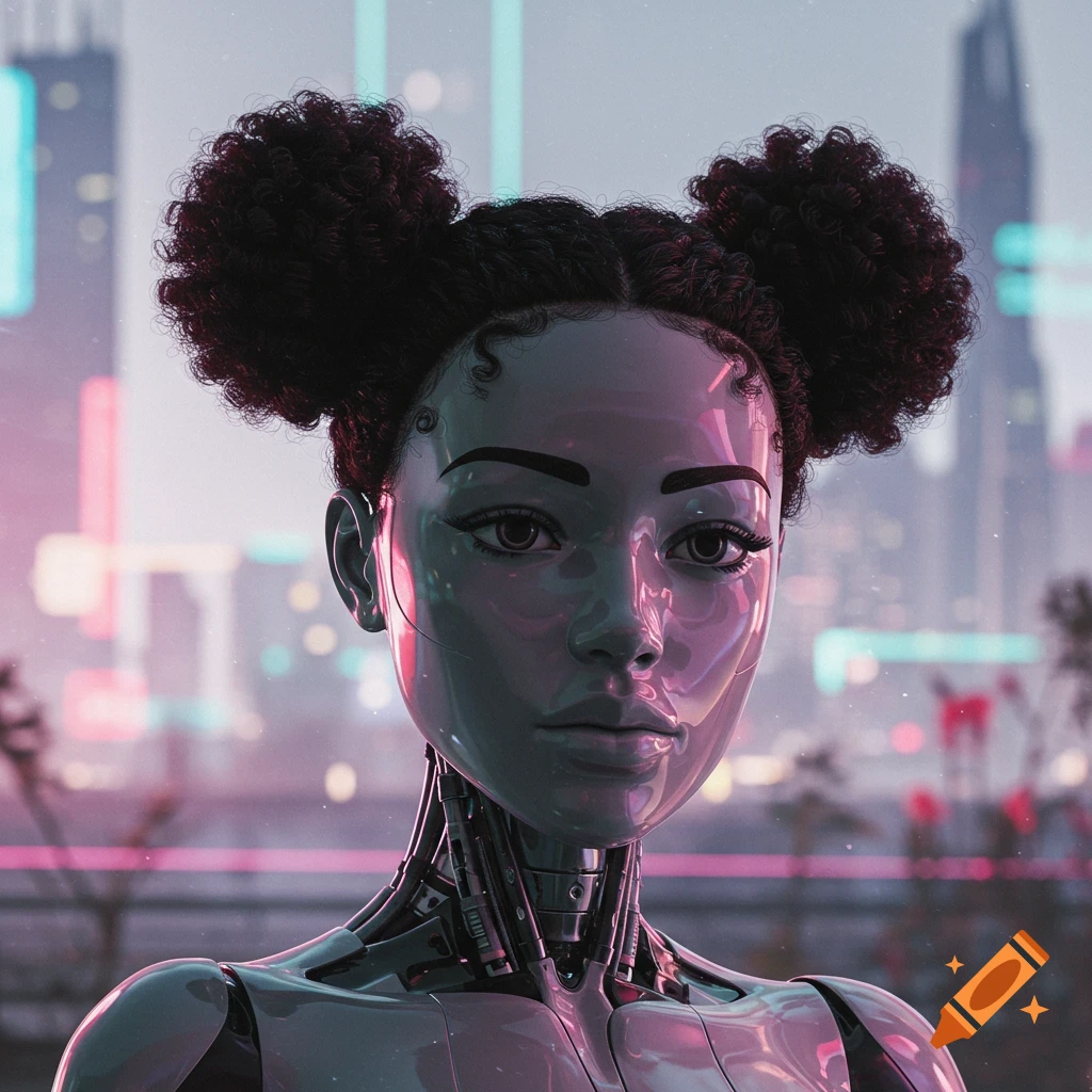 A robotic humanoid with a Black girl's face and two curly buns stands against a blurry, neon-lit futuristic city.