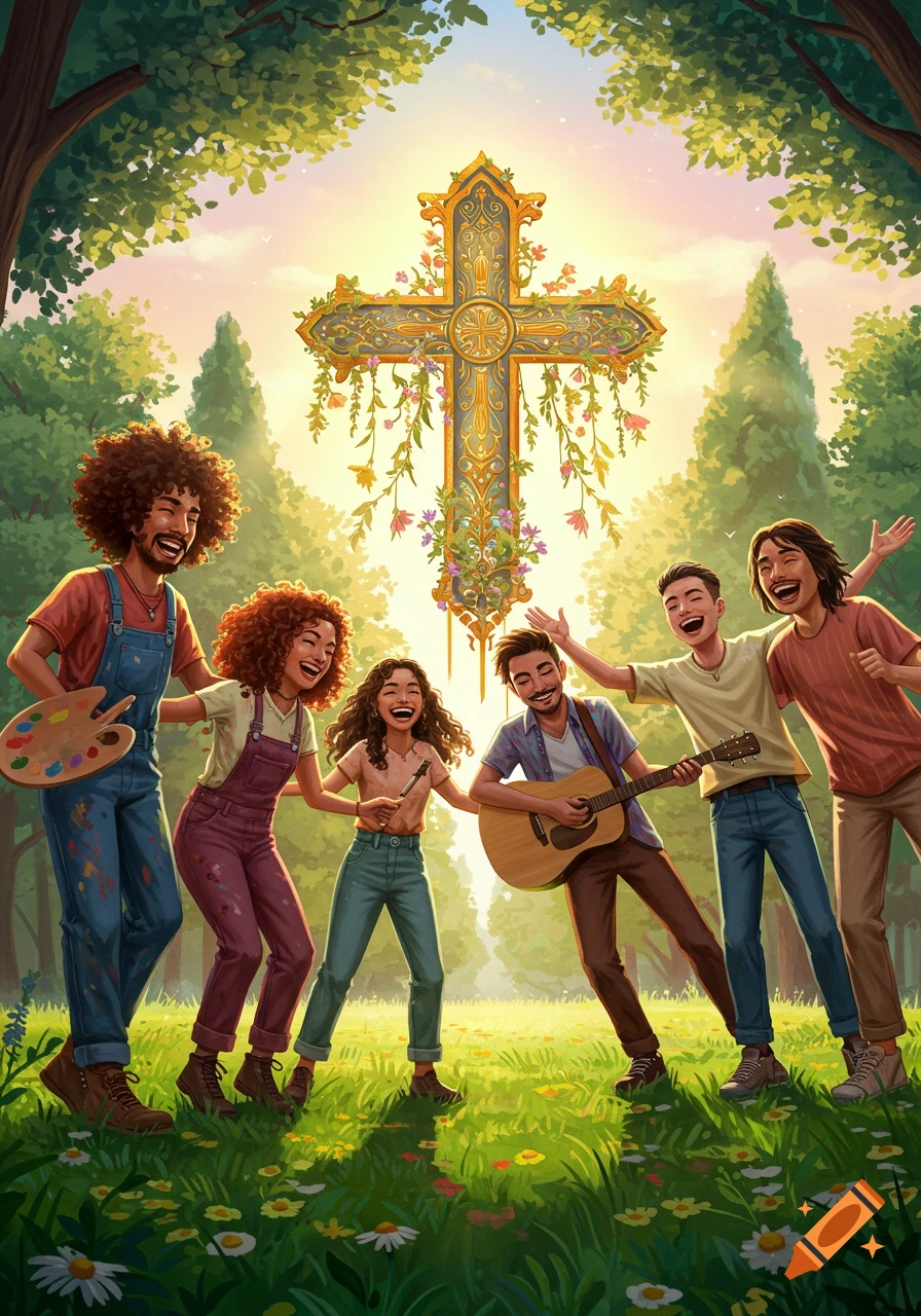 Vibrant illustration of a diverse group of laughing friends with musical instruments and art supplies in a sunny park, with an ornate, flower-adorned cross in the background.