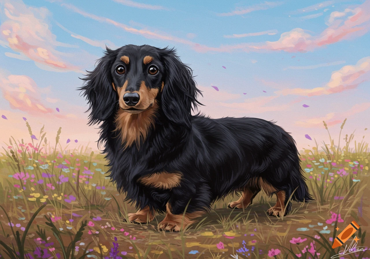 An illustration of a fluffy black and tan dachshund standing in a field of colorful wildflowers under a pastel sky.