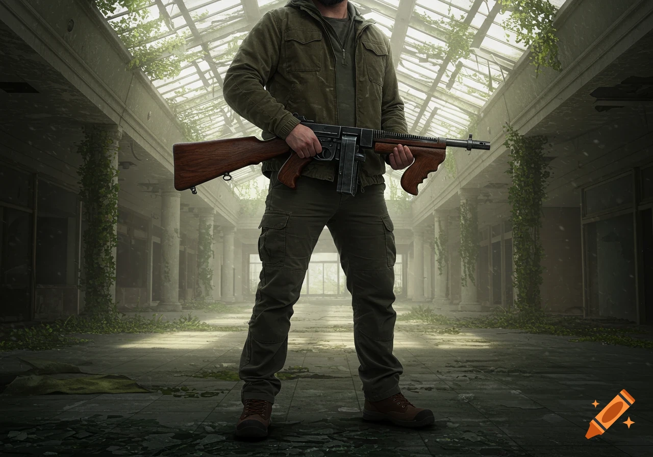 A man in military-style clothing stands with a rifle in a dilapidated, overgrown abandoned shopping mall. Photorealistic.