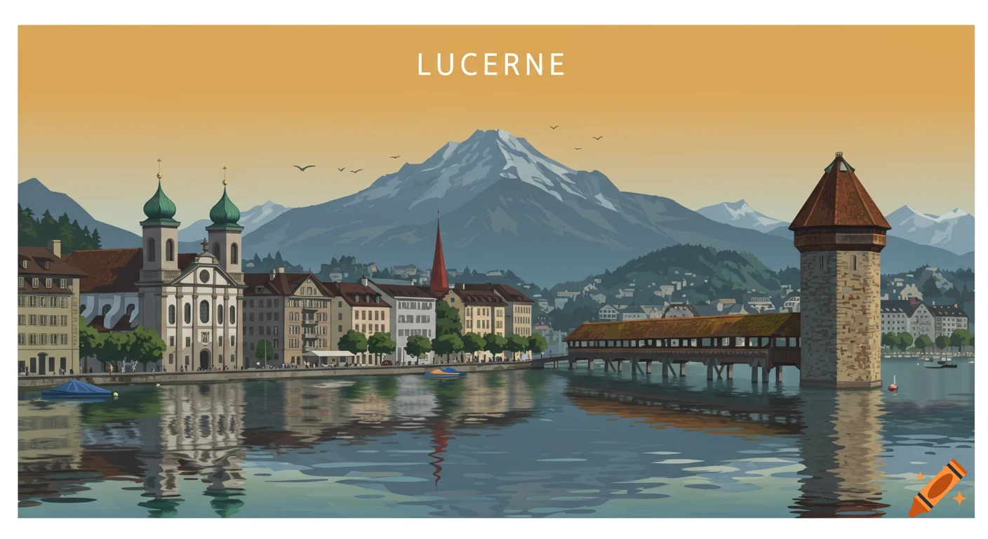 Stylized illustration of Lucerne, Switzerland, with the Chapel Bridge, Water Tower, and Jesuit Church on Lake Lucerne, backed by Mount Pilatus. Text says 'LUCERNE'.