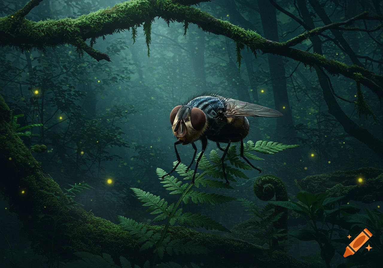 A giant, detailed fly stands on a fern in a dark, mossy forest illuminated by glowing fireflies.
