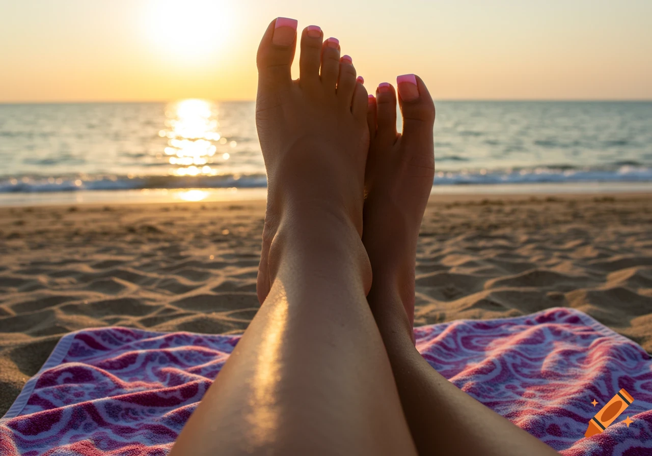 Person's feet with pink French tip toenails crossed on a patterned towel on a sandy beach at sunset.
