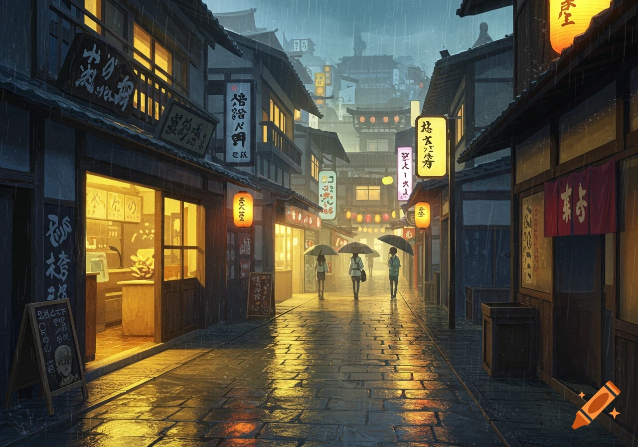 An illustrated rainy night scene of a Japanese city street with glowing shop windows and lanterns, and people walking with umbrellas.