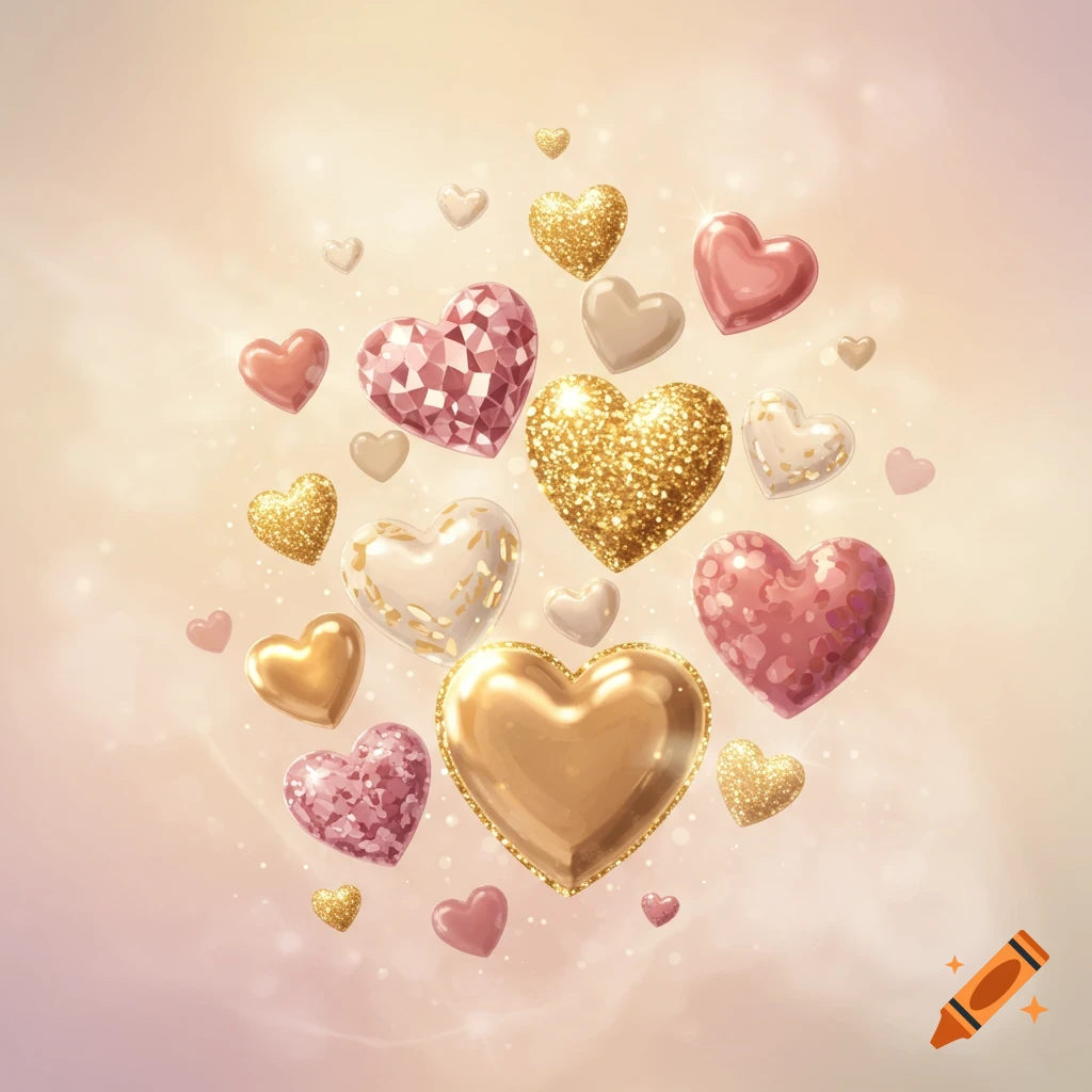 A cluster of glittering gold, pink, and white hearts with varied textures, floating on a soft, light background.