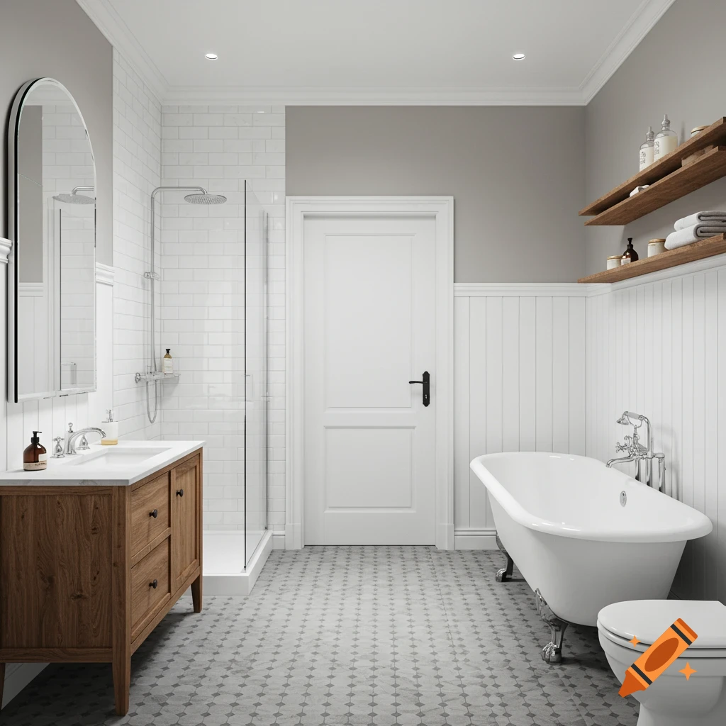 A modern bathroom with a timber vanity, arched mirror, walk-in shower, clawfoot tub, and grey patterned floor tiles.