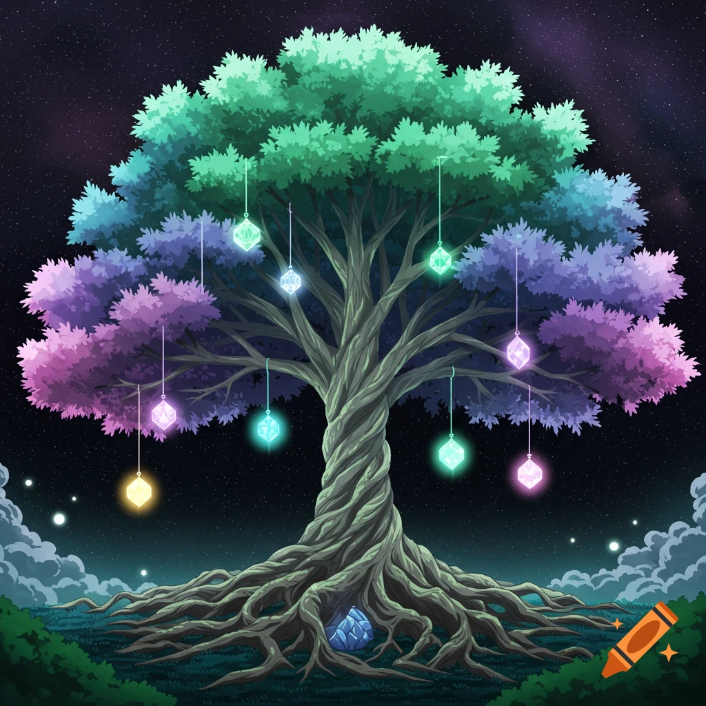 A vibrant anime-style fantasy tree with multi-colored foliage and glowing crystal lanterns hanging under a starry night sky.