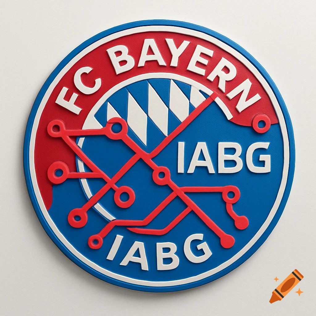 A circular red, white, and blue logo combining "FC BAYERN" and "IABG" text with circuit board-like patterns.