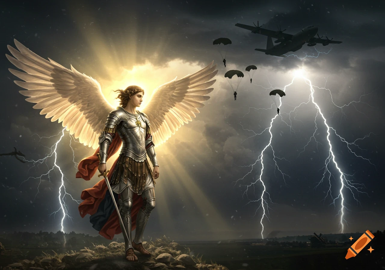 St. Michael the Archangel in shining armor with glowing wings and sword, under a lightning storm with a plane and paratroopers.