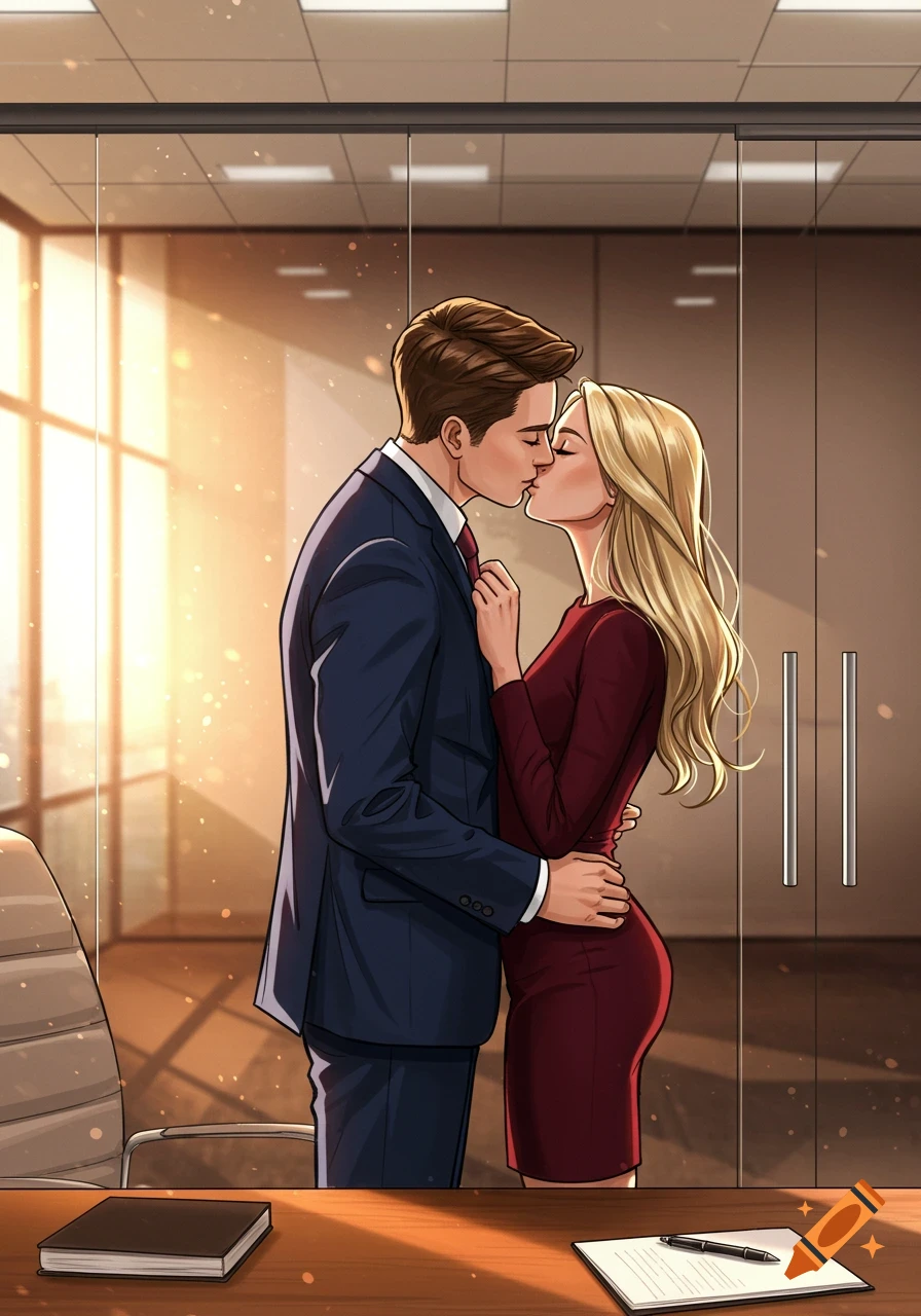 An illustrated man in a suit and woman in a red dress kiss passionately in a sunlit office.