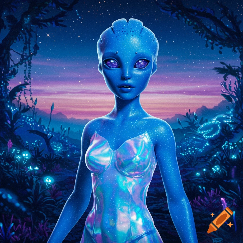 A glittery blue alien girl with large purple eyes stands in a lush, glowing bioluminescent forest under a starry, twilight sky.