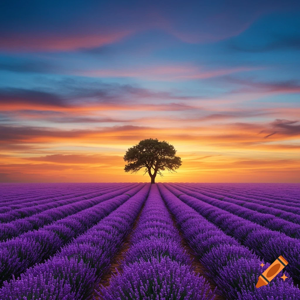 Vast purple lavender fields lead to a solitary tree silhouetted against a dramatic orange and blue sunset sky.