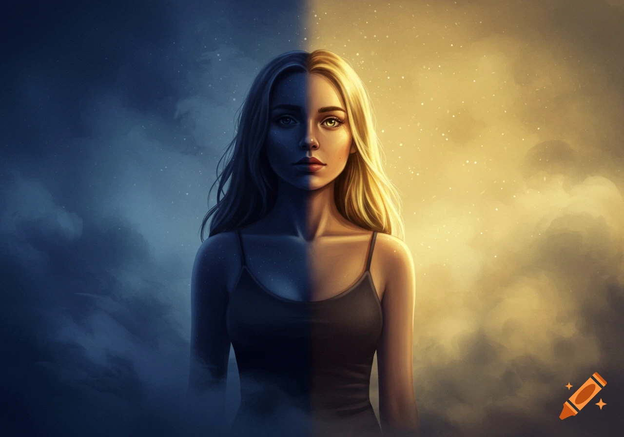 A woman with blonde hair, half her face and body in blue shadow, the other half in warm yellow light, looking forward. Digital art.