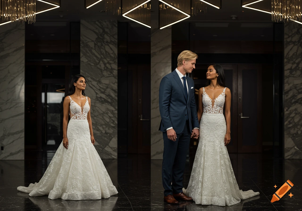 A photorealistic image of a bride in a white gown and a groom in a suit holding hands in a modern wedding venue.
