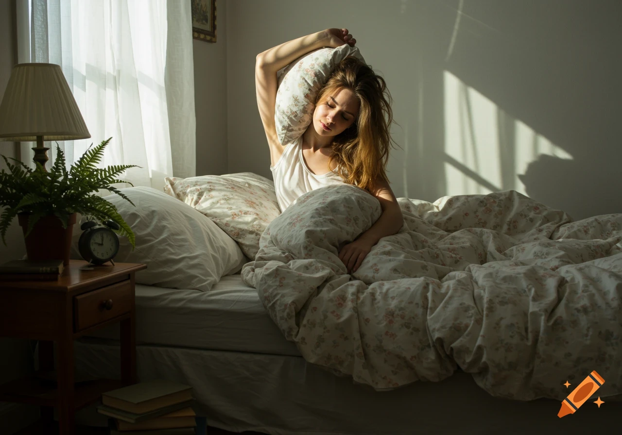 A woman with disheveled hair sits up in bed, stretching, with sunlight streaming through a window.