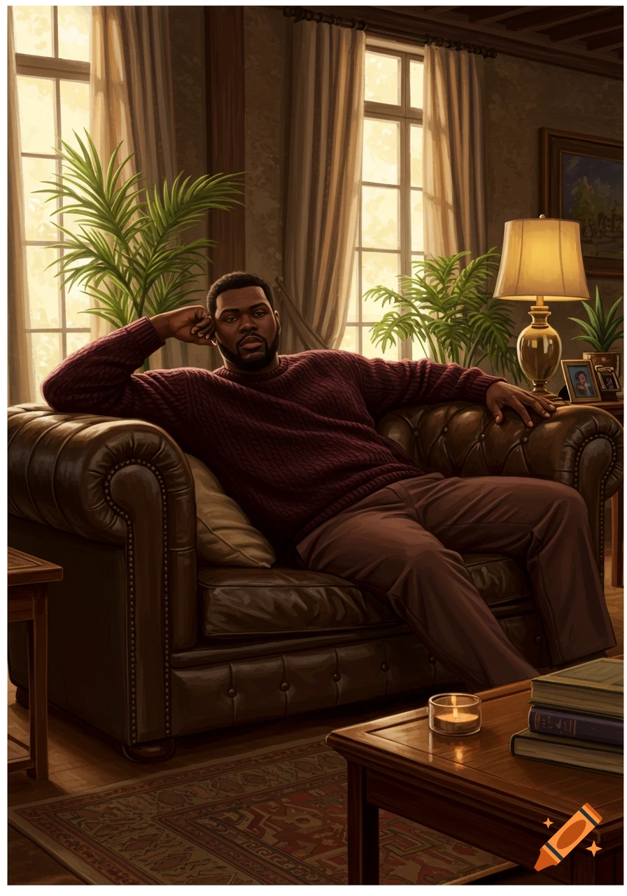 A man sits comfortably on a brown leather couch in a cozy, plant-filled room, illuminated by sunlight.