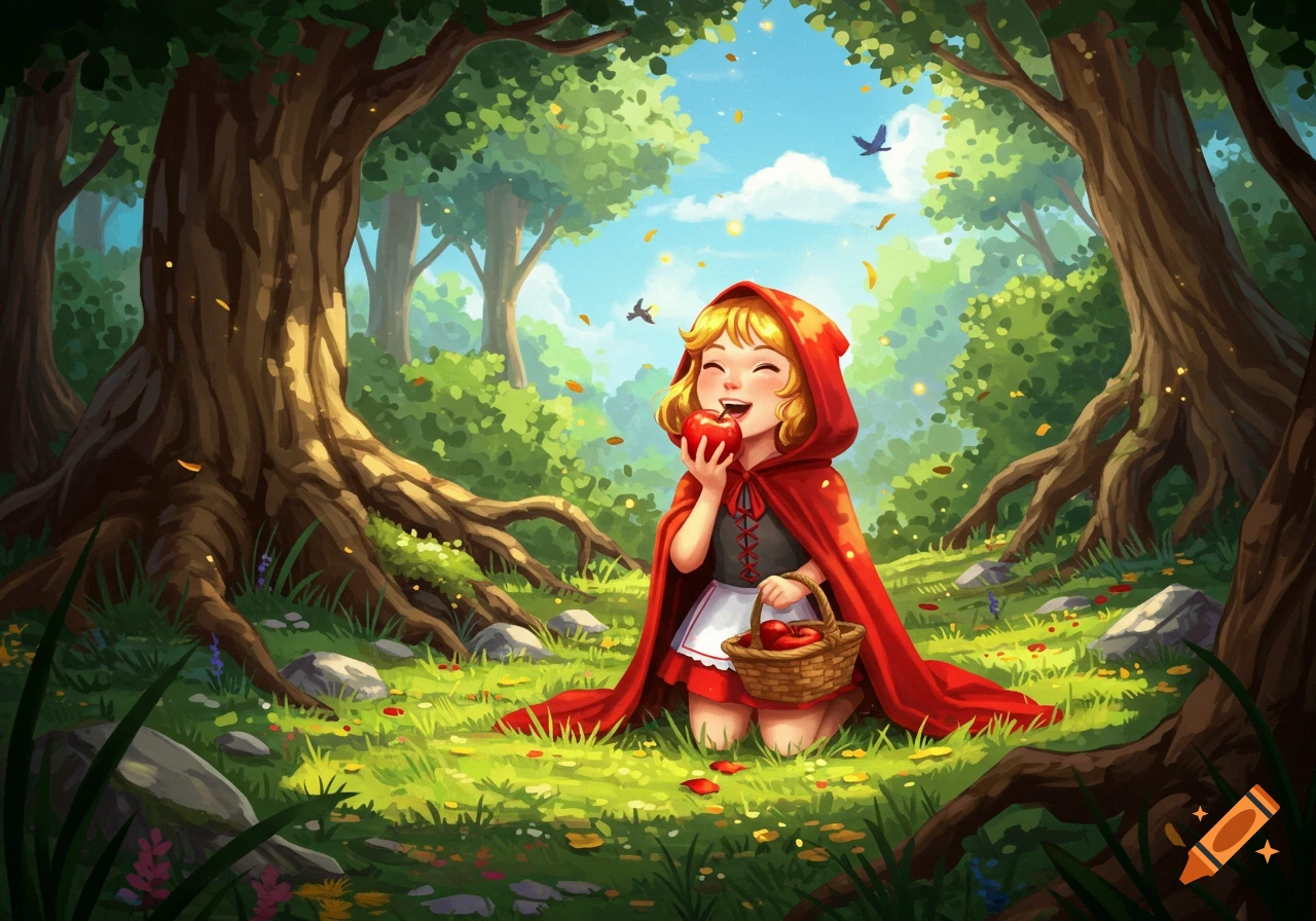 Little Red Riding Hood happily eats an apple in a sunny, green forest, holding a basket of apples.