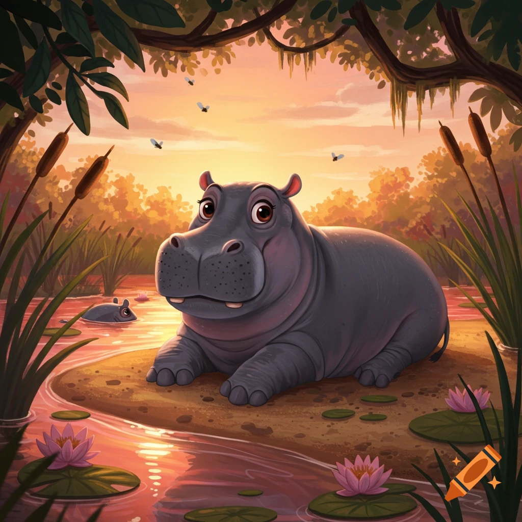 A cute, cartoon hippo lies on a riverbank during sunset, with water lilies and a smaller hippo in the water.