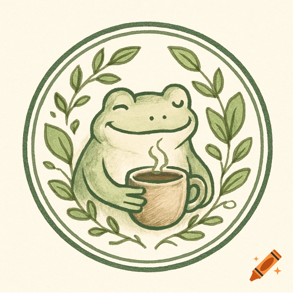 A cute green sketched frog holding a steaming coffee cup, surrounded by leafy plants, in a round logo illustration.
