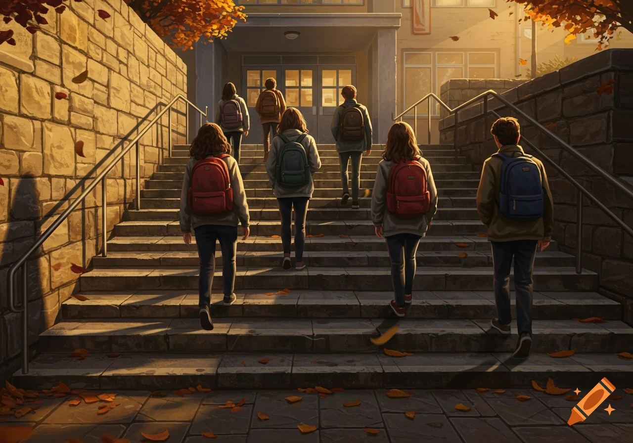 Students with backpacks walk up stone steps towards a school building during autumn, bathed in golden light.