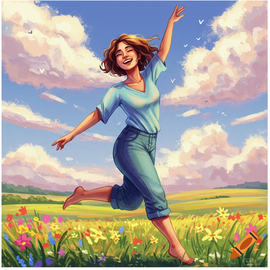 A joyful woman with short brown hair dances in a vibrant field of wildflowers under a blue sky with fluffy clouds, in a digital painting style.