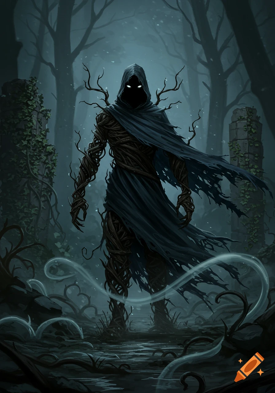 A dark cloaked creature, its body made of black vines with glowing white eyes, stands in a misty, eerie forest. Dark fantasy illustration.