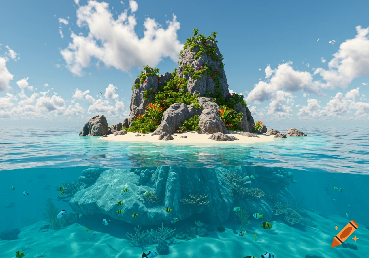 Photorealistic split view of a tropical island, showing lush rocky island above and clear blue ocean with colorful fish and coral below.