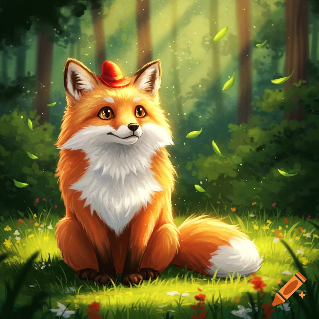 A cute, orange and white fox wearing a tiny red hat sits in a vibrant, sunlit forest clearing with green grass and wildflowers.