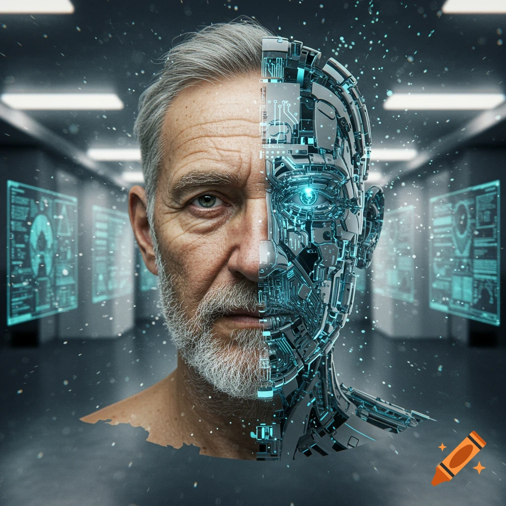 A photorealistic portrait of an older man's head, half human with a beard and grey hair, and half glowing blue cyborg.