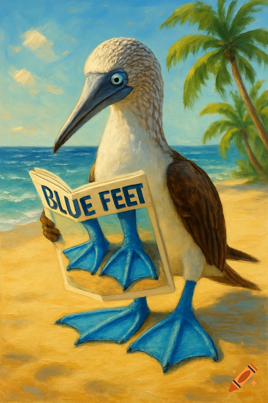 An illustrated blue-footed booby reads a magazine on a tropical beach. The magazine cover shows blue webbed feet and the words 'BLUE FEET'.