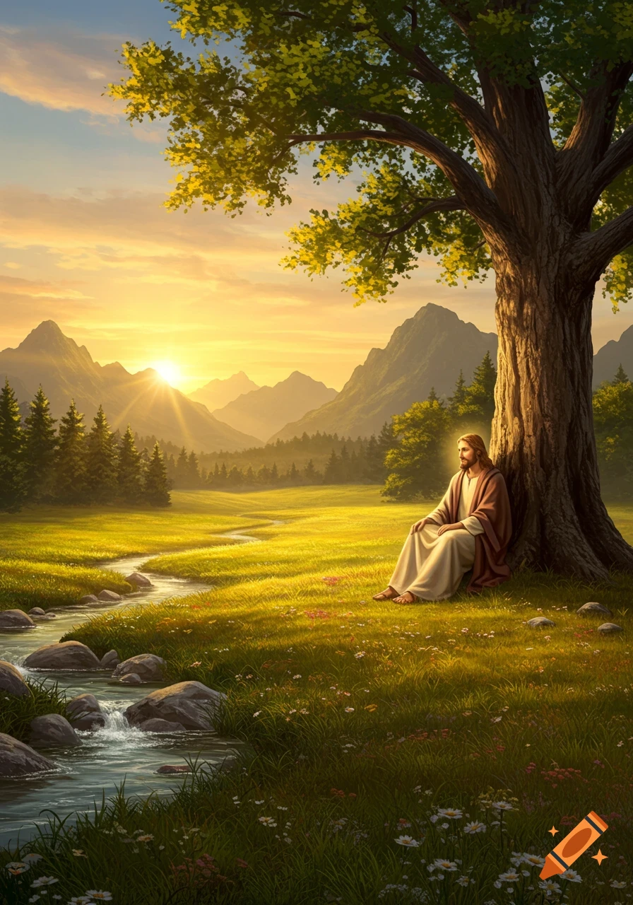 Jesus sits under a large tree in a vibrant, sunlit meadow with mountains and a winding river.