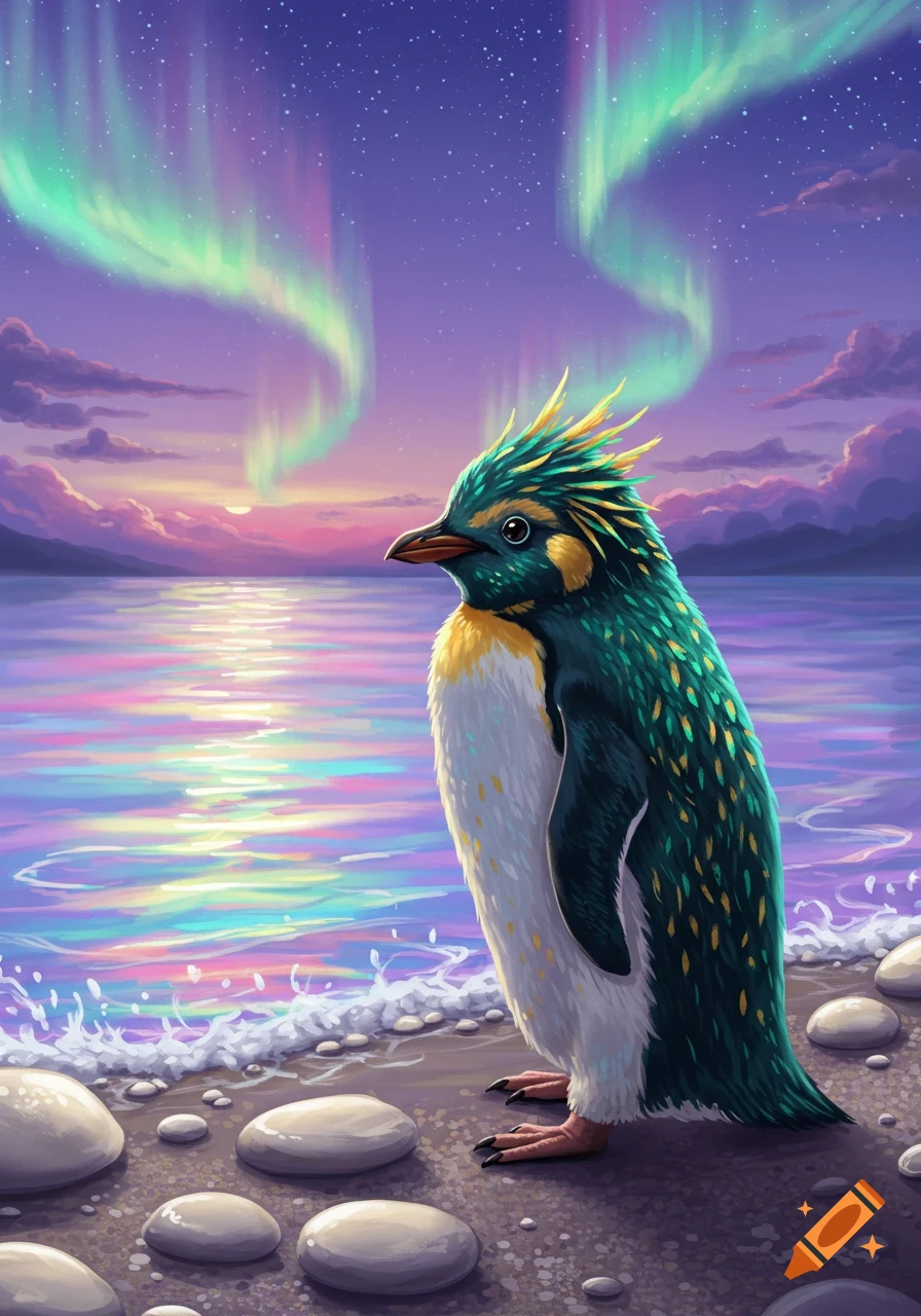 A vibrantly colored, crested penguin stands on a rocky beach, watching a rainbow-hued ocean under an aurora-lit, starry sky in an illustrative style.