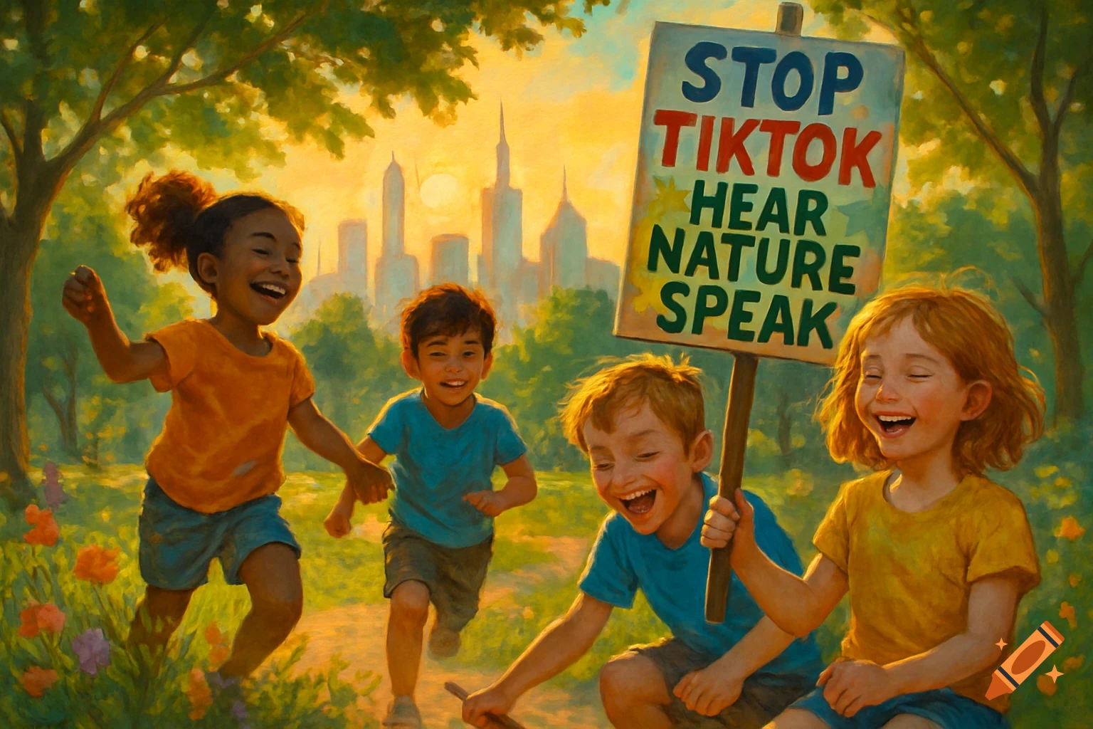 Four happy children play in a sunny park with a city in the background. One holds a sign 'STOP TIKTOK HEAR NATURE SPEAK'. Painterly.