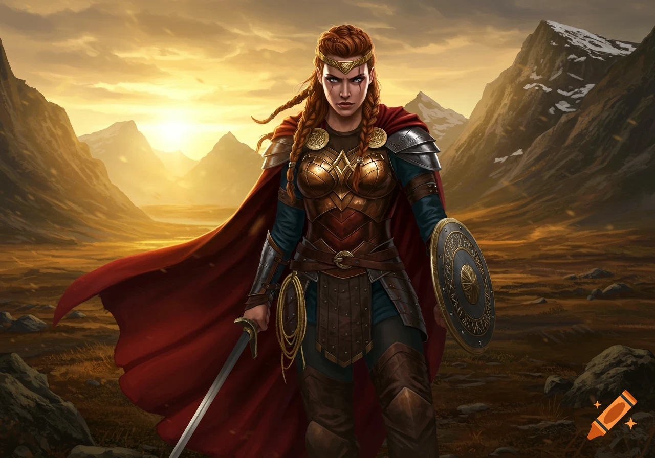 A red-haired female warrior in ornate armor, holding a sword and shield, stands in a mountain valley at sunset.