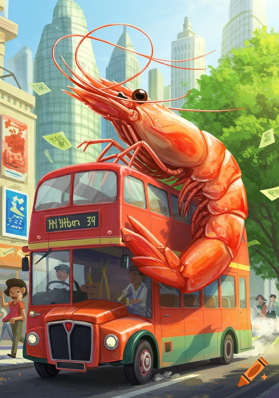 A giant orange prawn rides a red double-decker bus through a bustling city street with green papers flying in the air, in an illustrative style.