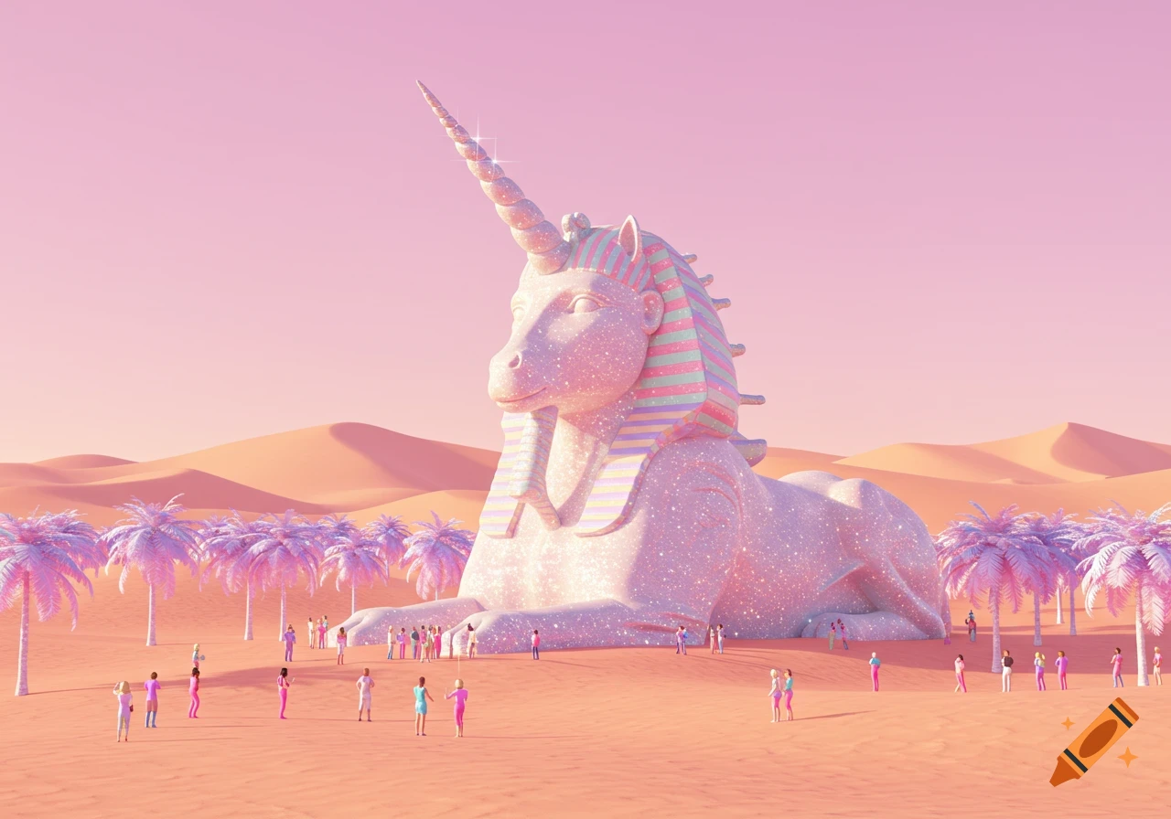 A huge glittering pink unicorn sphinx statue in a pastel pink desert with pink palm trees and tiny people.