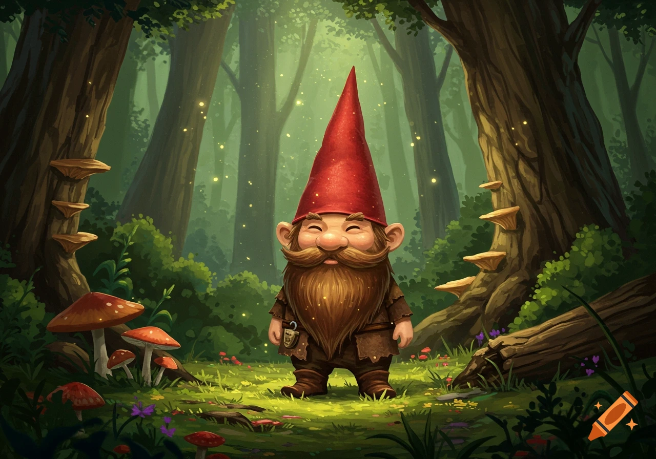 A friendly gnome with a long brown beard and a red pointed hat smiles in a lush green forest with glowing fireflies and mushrooms.
