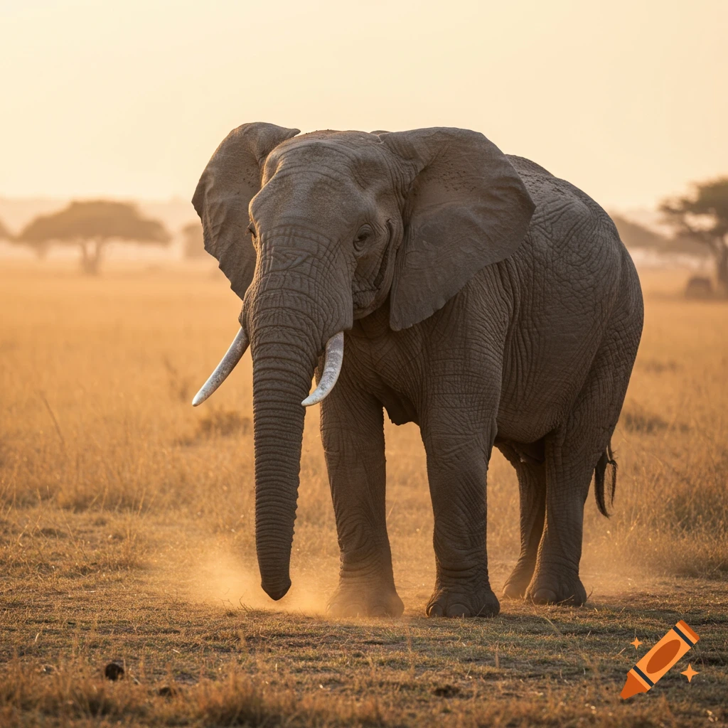 A large African elephant stands in a golden-lit, dusty savannah at sunrise or sunset.
