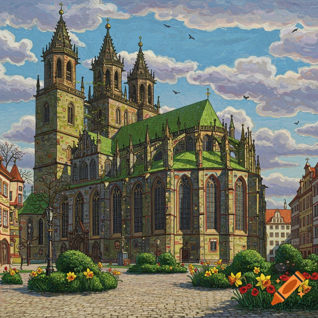 Vibrant Hundertwasser-style painting of Magdeburg Cathedral with green roofs, a paved square, and colorful flowers.