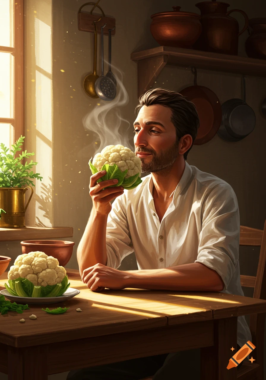 A man with a beard smells a fresh cauliflower in a sunlit kitchen, with another cauliflower on the table.